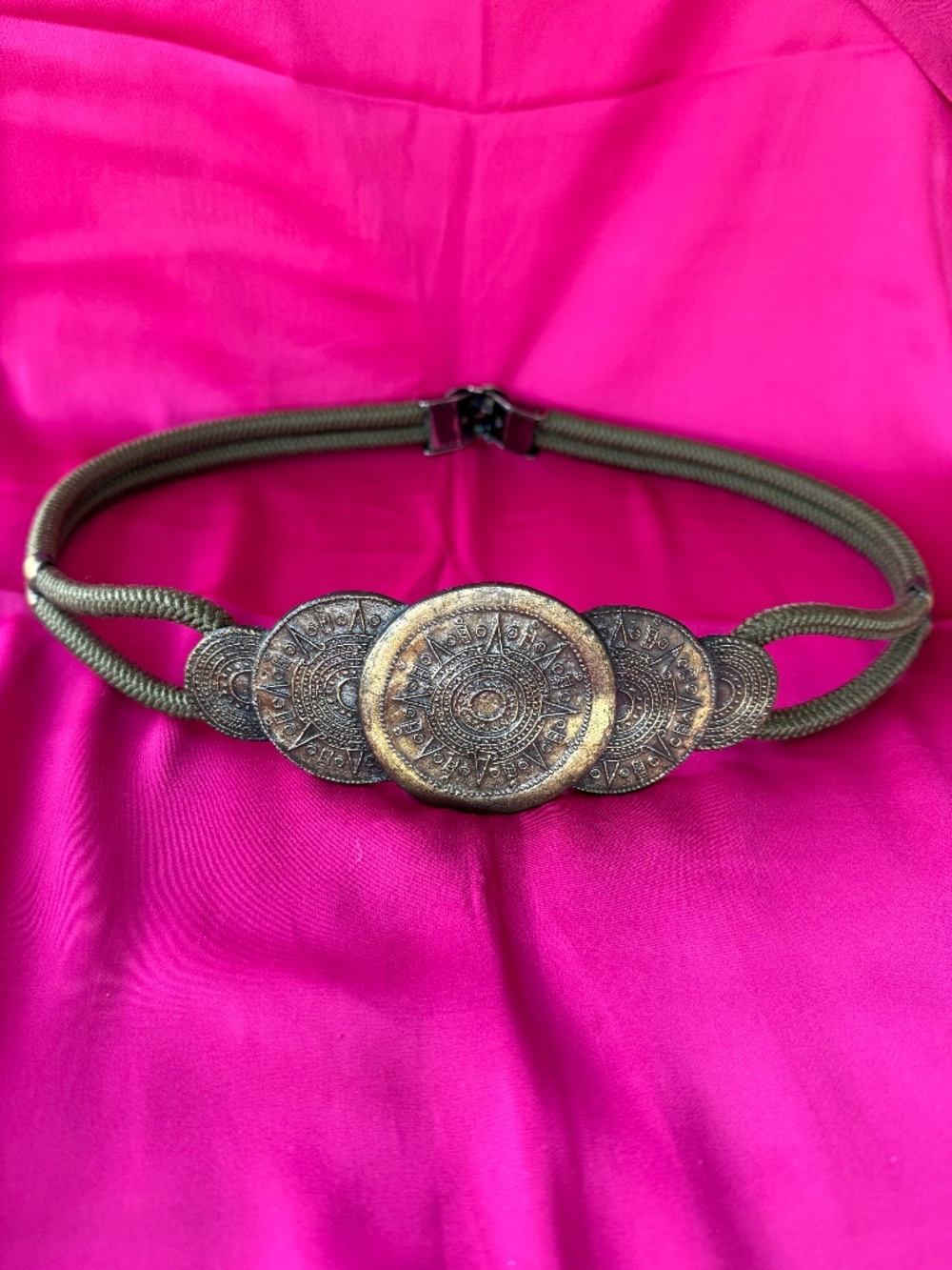 Boho Coin Belt Olive Braided Rope – Distressed Gold Medallion